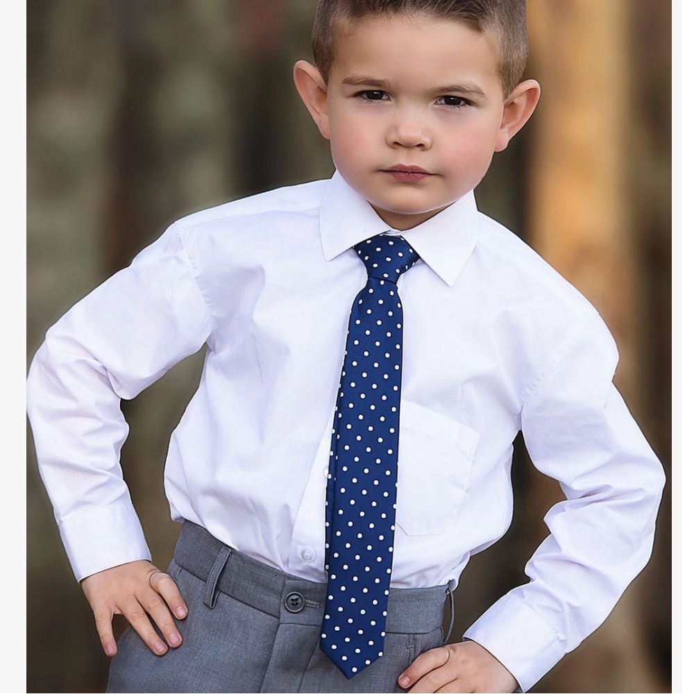 Boys Adjustable No-Tie Neck Tie - Hidden Zipper - Navy Blue & White Dot